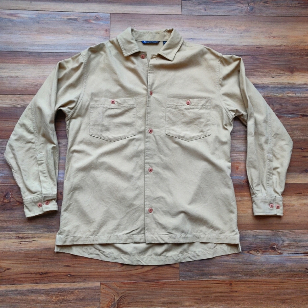 Boston Traders Canvas Button Up Shirt Men's Small Tan Long Sleeve Cuff & Collar